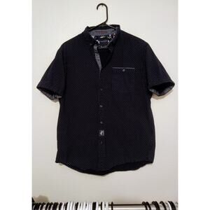 Denim & Flower by Ricky Singh Navy Polka Dot Short Sleeve Button Up Shirt Size L